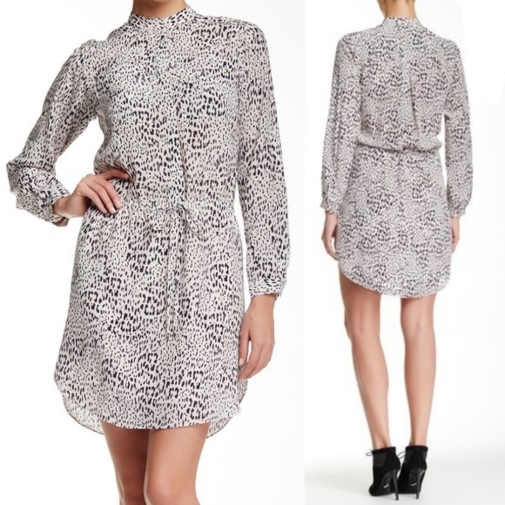 Rebecca Taylor leopard print silk drawstring waist shirtdress rolled tab sleeves